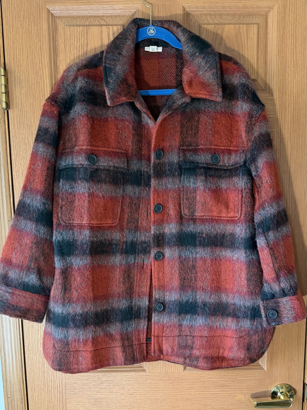 a.n.a Kids Red and Black Plaid Wool-Blend Shacket